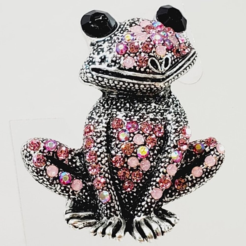Adorable Pink Crystal Smiling Frog Brooch